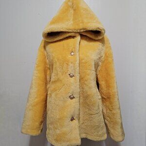 New Merino Sheepskin Shearling Lamb Fur Coat Jacket Hooded Golden Yellow Saffron